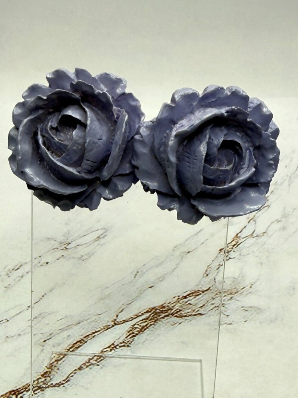 Vintage Lavender Purple Rose 3D Resin Clip On Huggie Earrings 1.25"